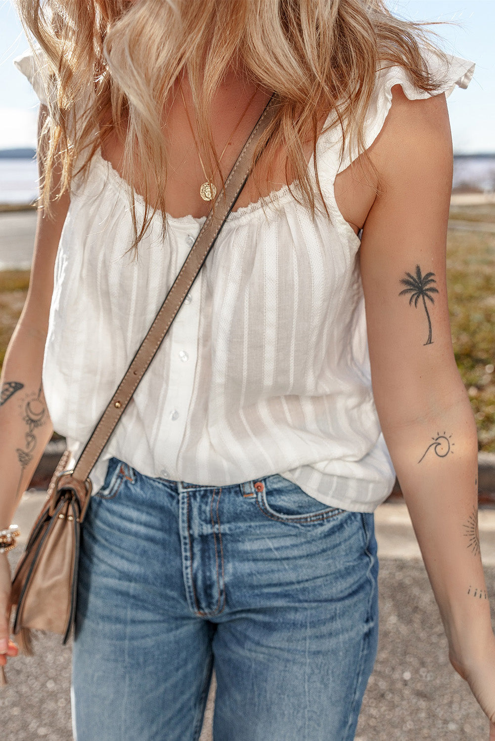 Lace Crochet Ruffle Buttoned Tank Top