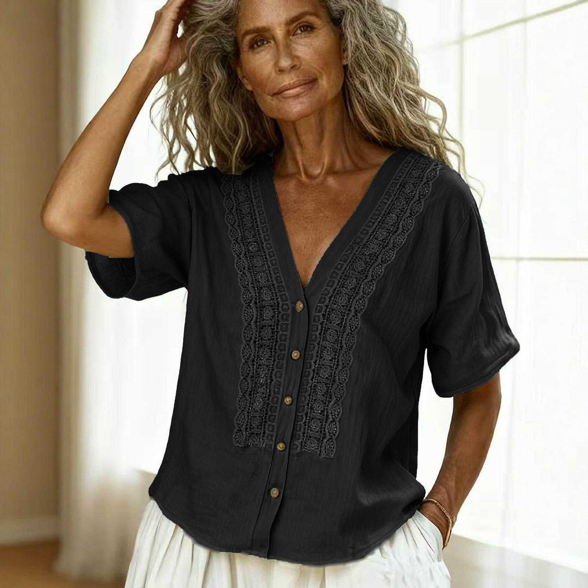 Women's Embroidered Faux Linen Button-Up Top in Multiple Colors - Image 5