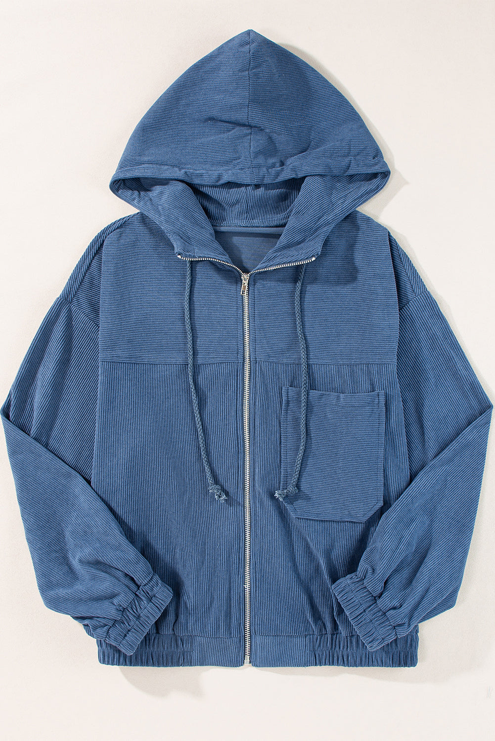 Women's Cream Corduroy Zip-Up Hooded Jacket with Pockets