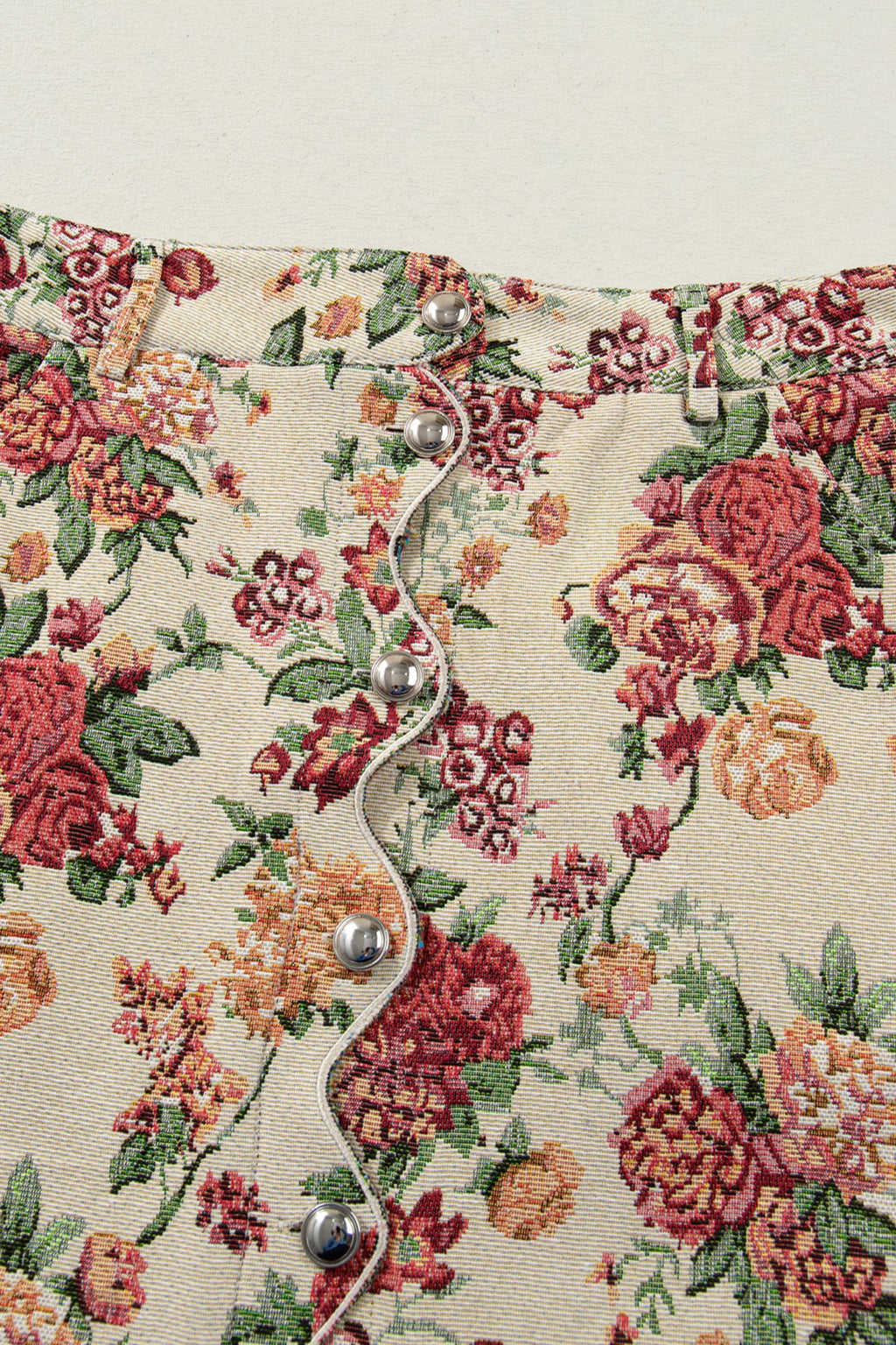 Button Front Scallop Mini Jacquard Floral Skirt