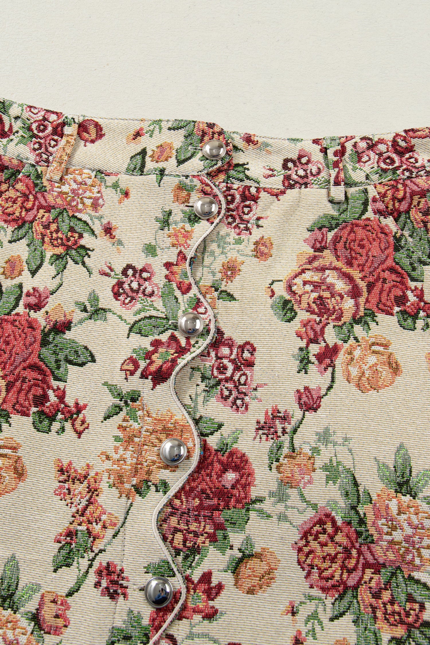 Button Front Scallop Mini Jacquard Floral Skirt