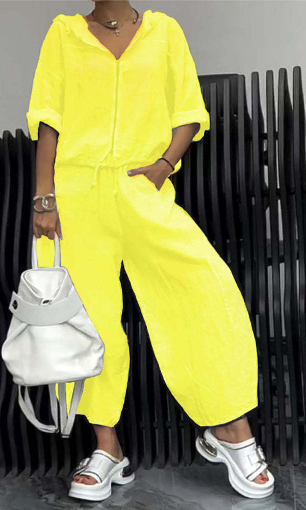 Women’s Cotton Linen Hooded Long Sleeve Top and Pants Set - Image 9