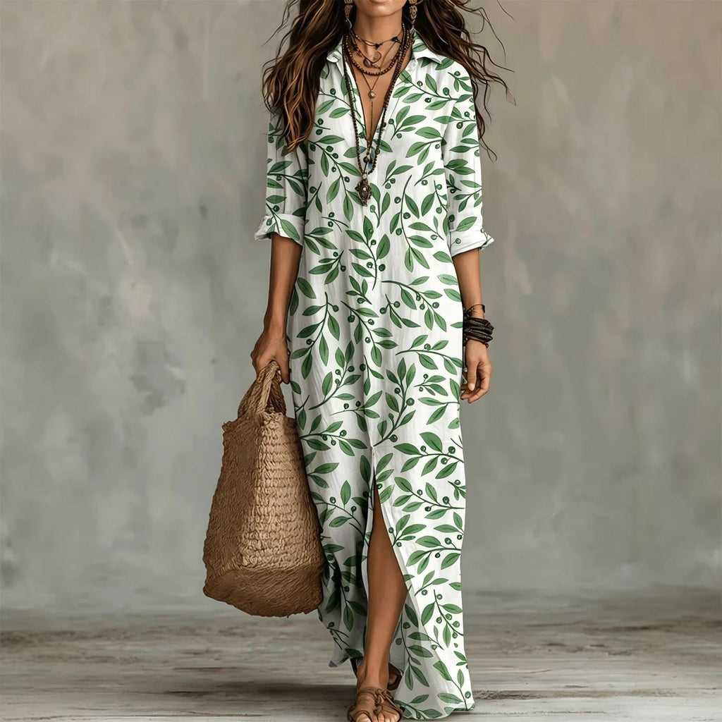 Digital Print Lapel Midi Shirt Dress with 3/4 Sleeves - Image 2