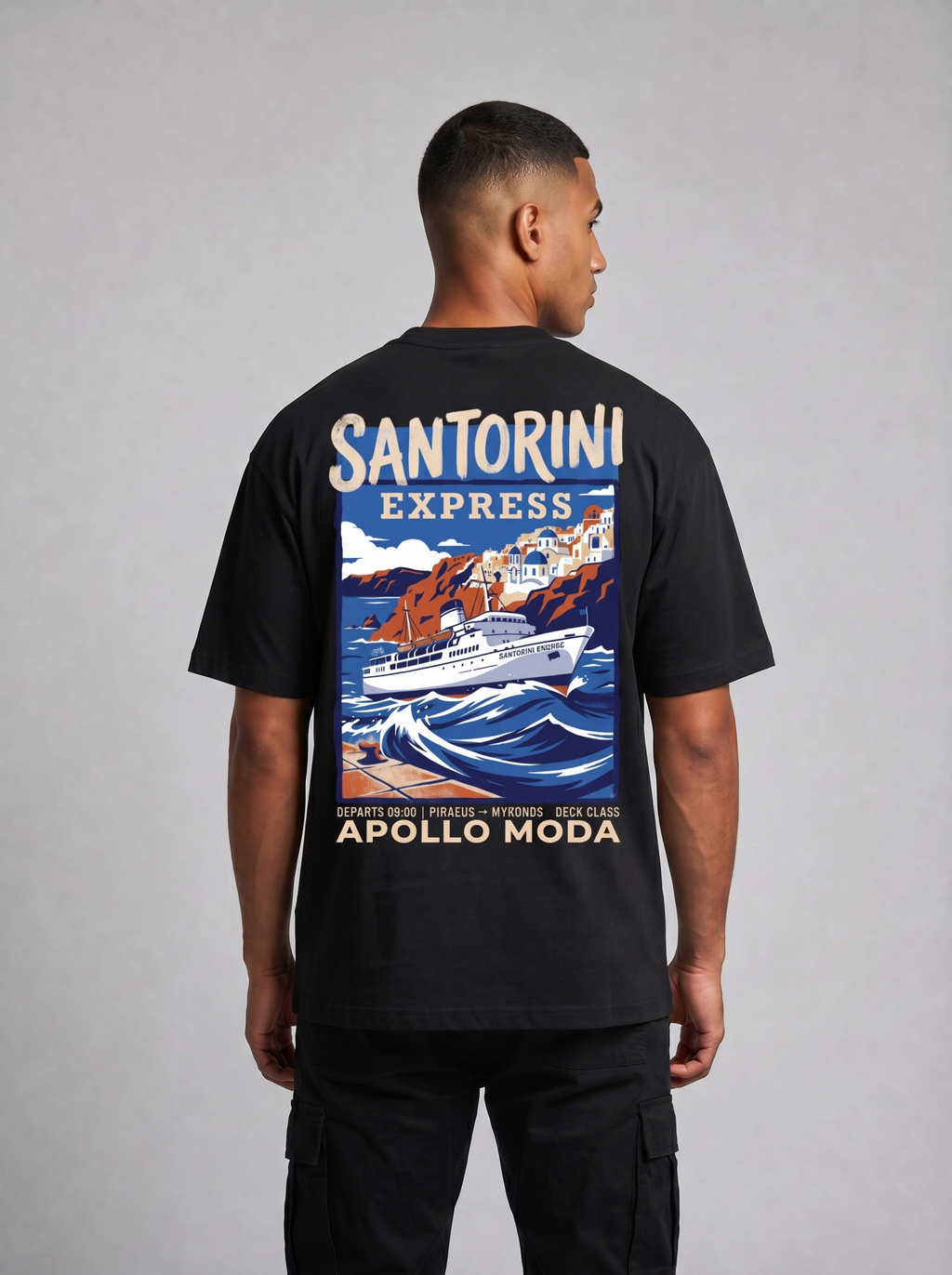 Black oversized graphic tee featuring a vintage Greek ferry poster print on the back