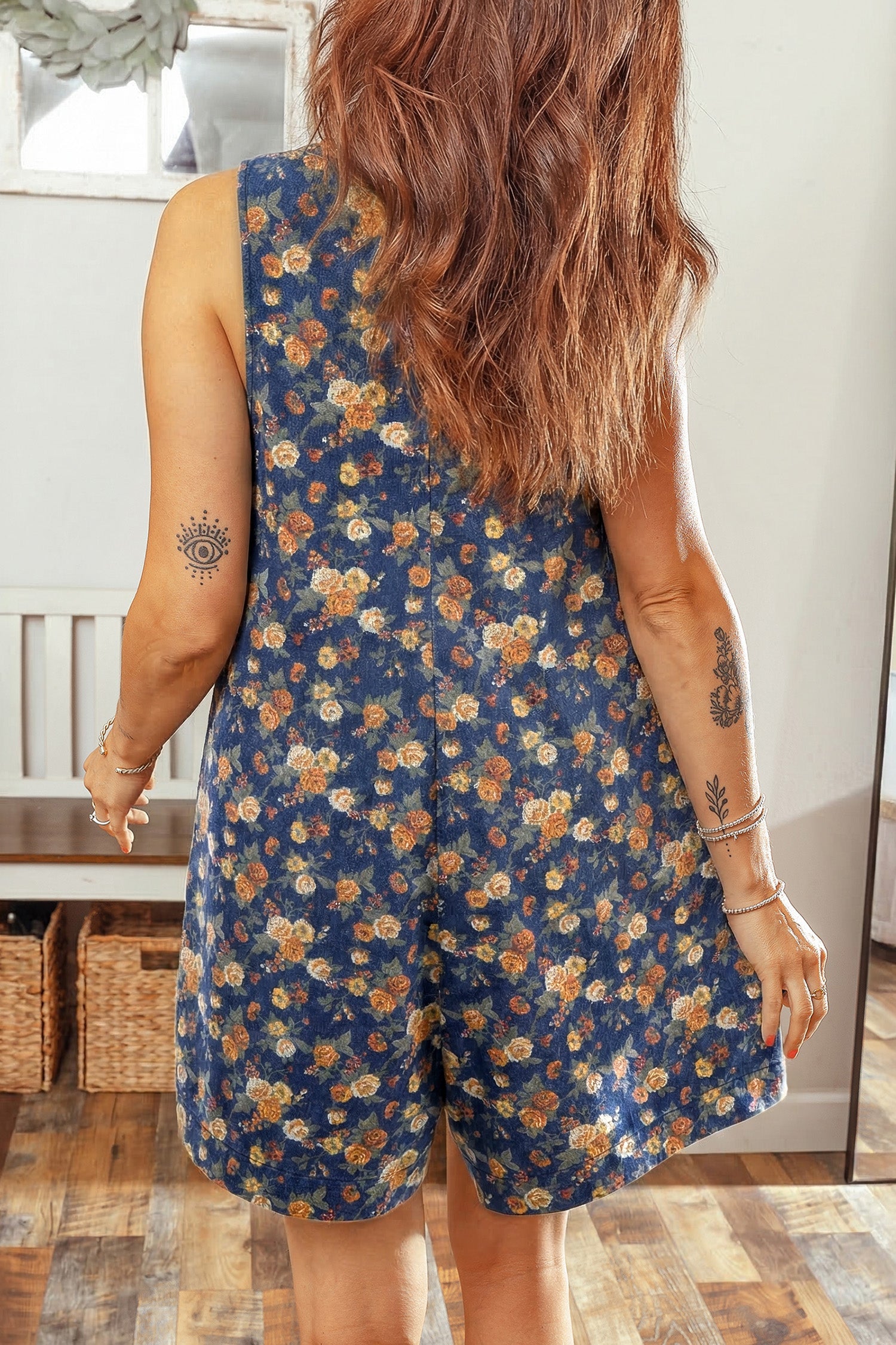 Blue Retro Floral Print V-Neck Sleeveless Denim Romper with Bow