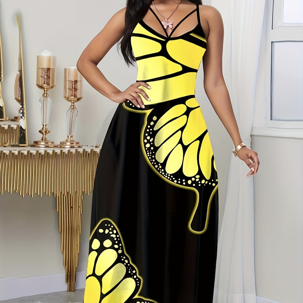 Black Butterfly Print V-Neck Long Skirt Dress for Women