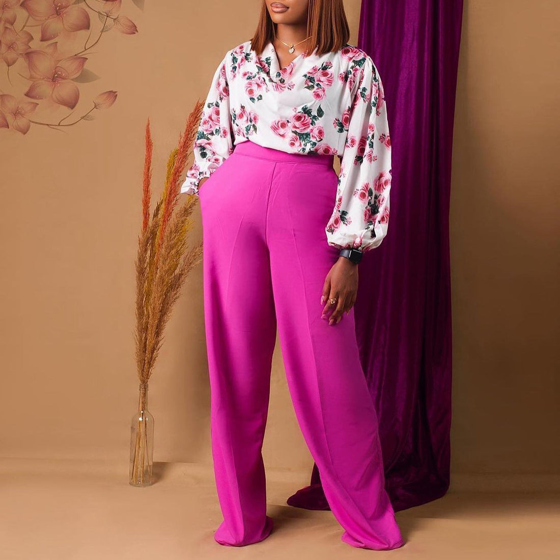 Printed Floral Blouse and Wide-Leg Pants Set