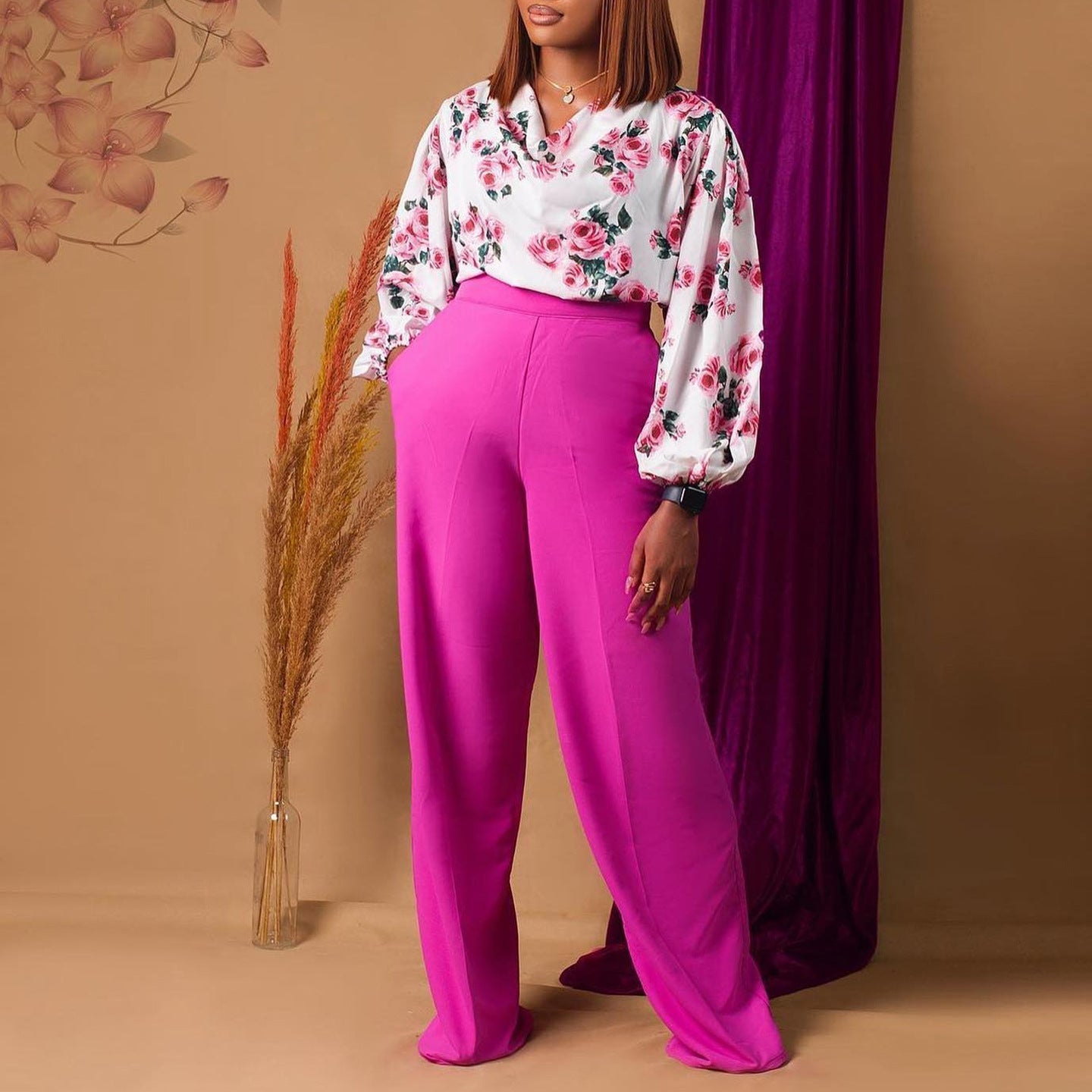 Printed Floral Blouse and Wide-Leg Pants Set