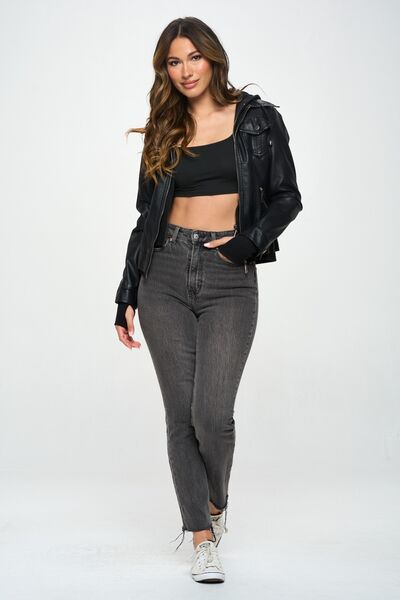 Modern Black Vegan Leather Hooded Jacket with Double Zip