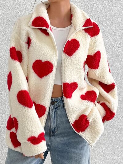 Women's Heart Zip Up Faux Fur Jacket Y2K Streetwear Fluffy Coat