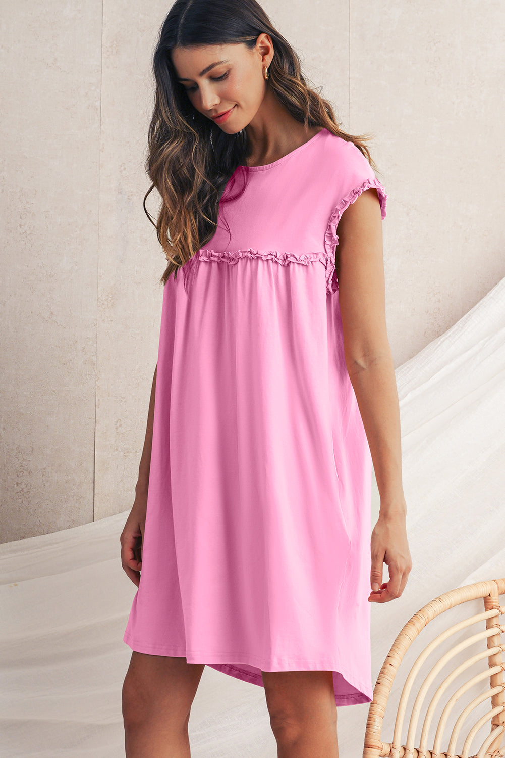 Mint Green Frilled Trim Crewneck Mini Dress | Relaxed Fit