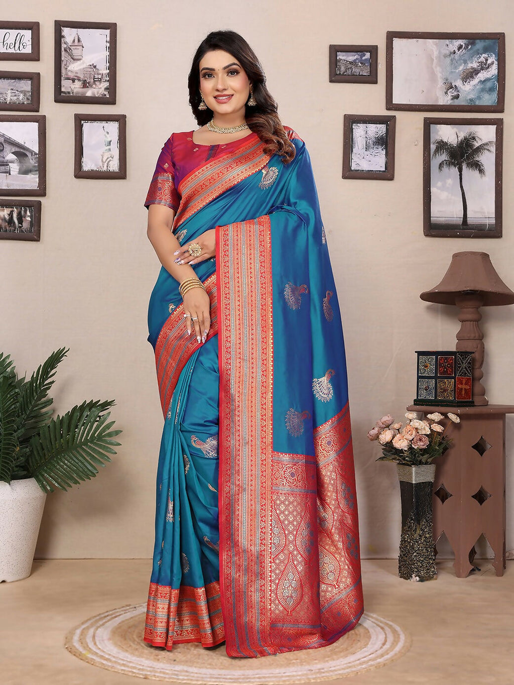Royal Blue Banarasi soft silk saree with small butti gold details.