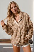 Checkered Long Sleeve Fuzzy Jacket for Women