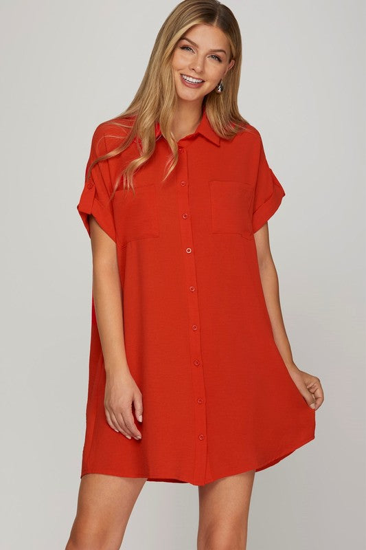Deep red short sleeve button-down shirt dress with a collared neckline
