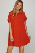 Deep red short sleeve button-down shirt dress with a collared neckline