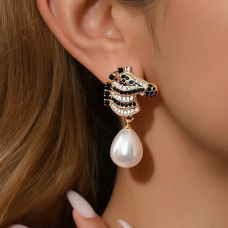 Womens Zebra Shaped Rhinestone And Pearl Inlaid Pendant Stud Earrings,Costume Earrings For Daily Party Wear