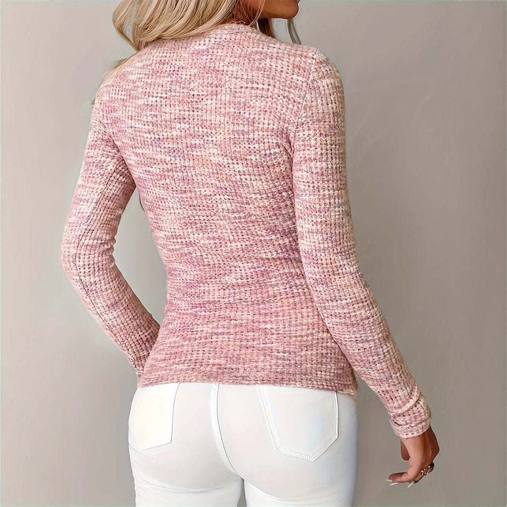 Women's Pink Ribbed Knit Slim Fit Long Sleeve Zip Pullover - Image 3