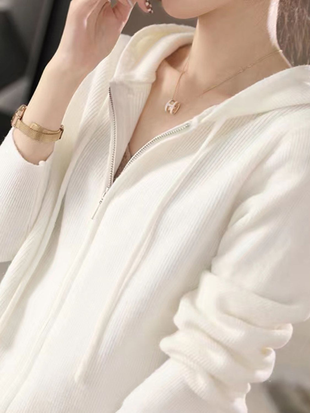 Women's Brown Long Sleeve Zip Up Knit Hoodie with Drawstring - Image 16