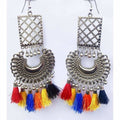 Silver oxidized Chandbali earrings with multi-colored thread accents on a white background.
