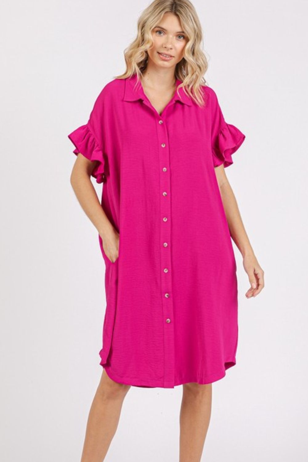 Button Down Flounce Sleeve Dress with Pockets