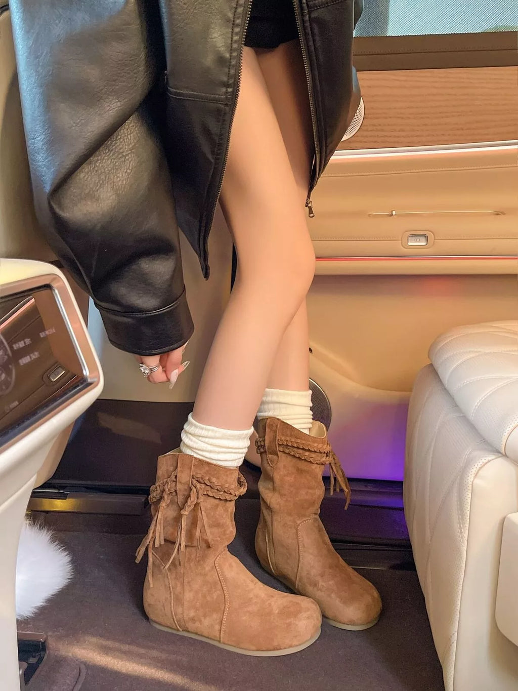 Suede Fringe Round Toe Boots with Block Heel