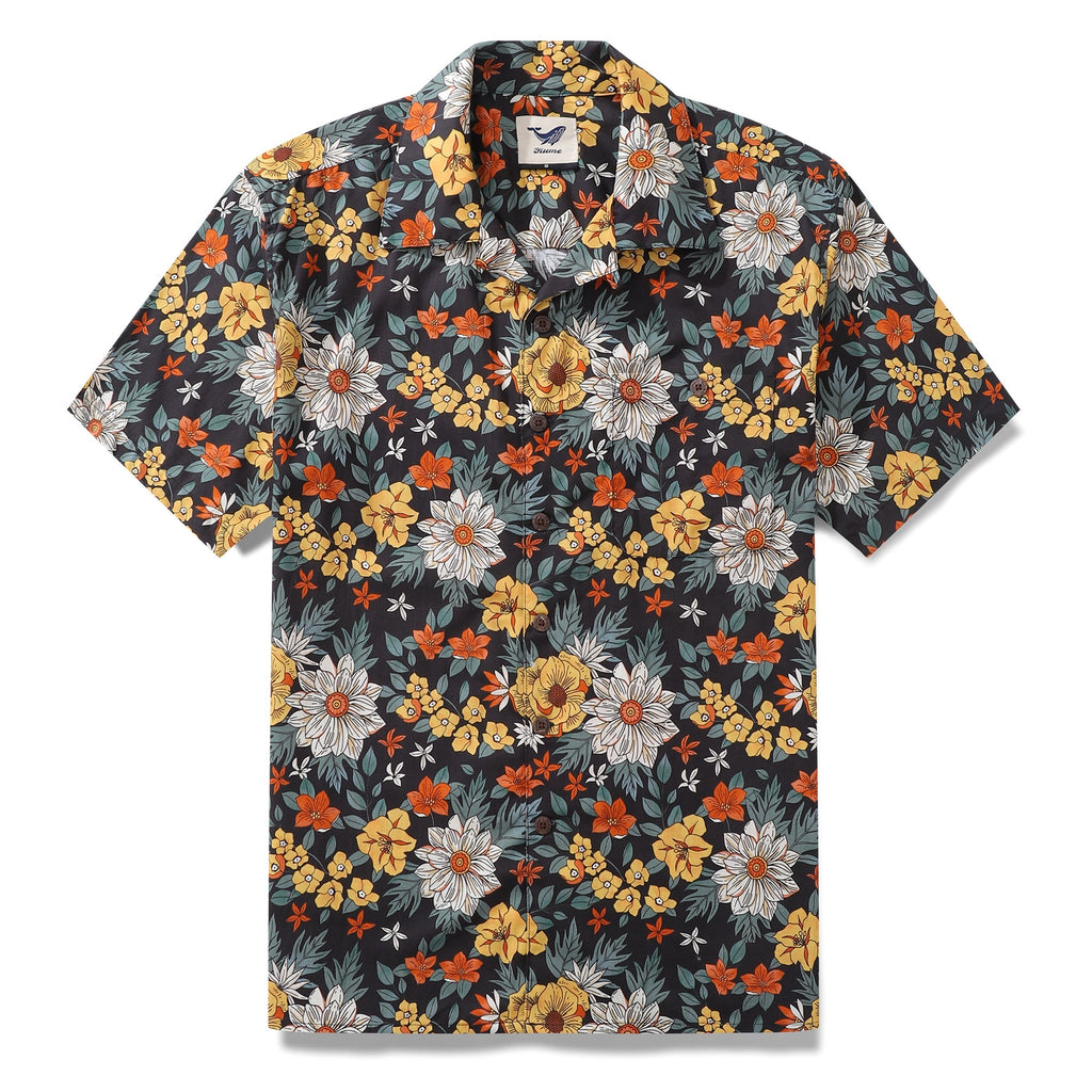 Men's camp collar shirt with an autumn-inspired floral print in yellow, beige, and green.