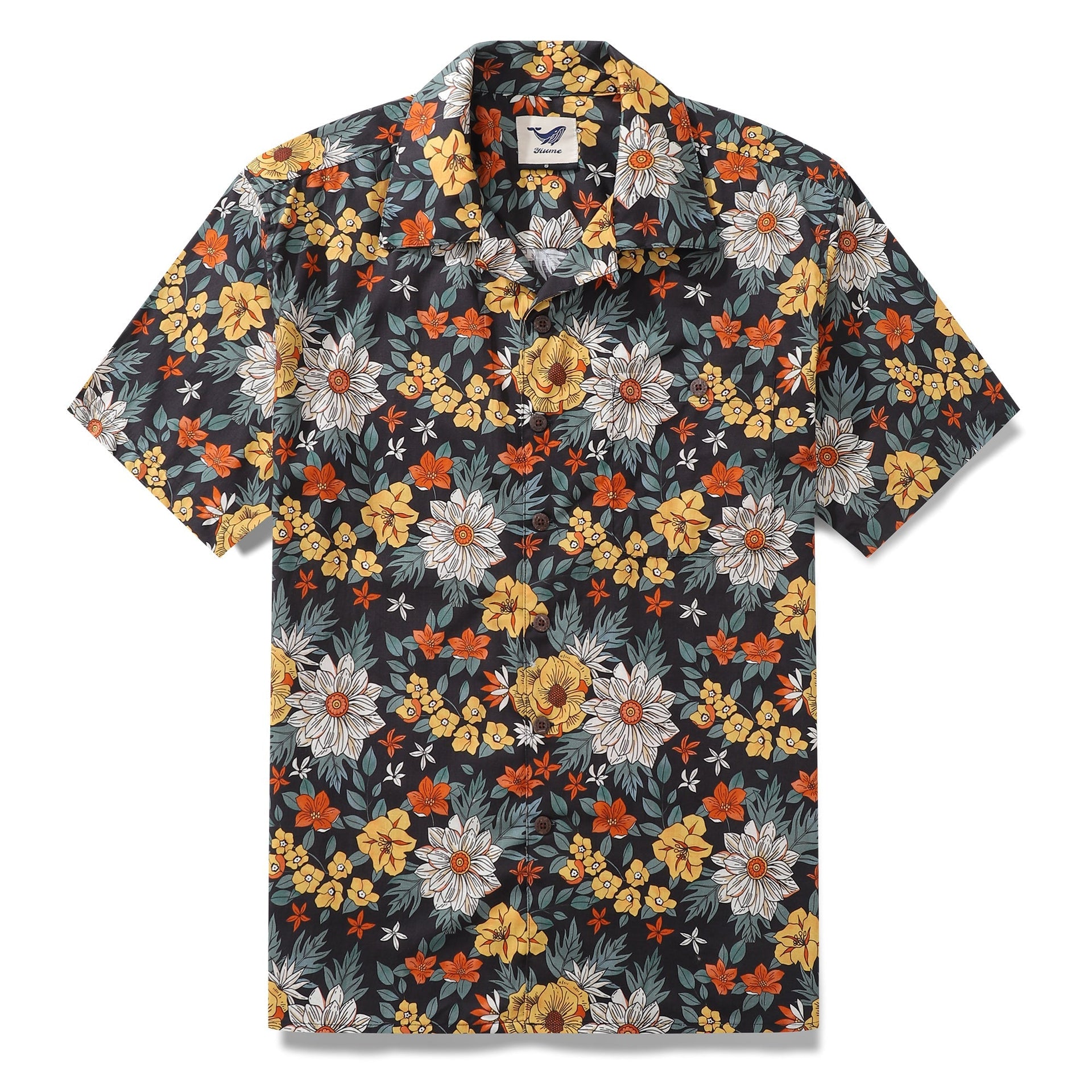 Men's camp collar shirt with an autumn-inspired floral print in yellow, beige, and green.