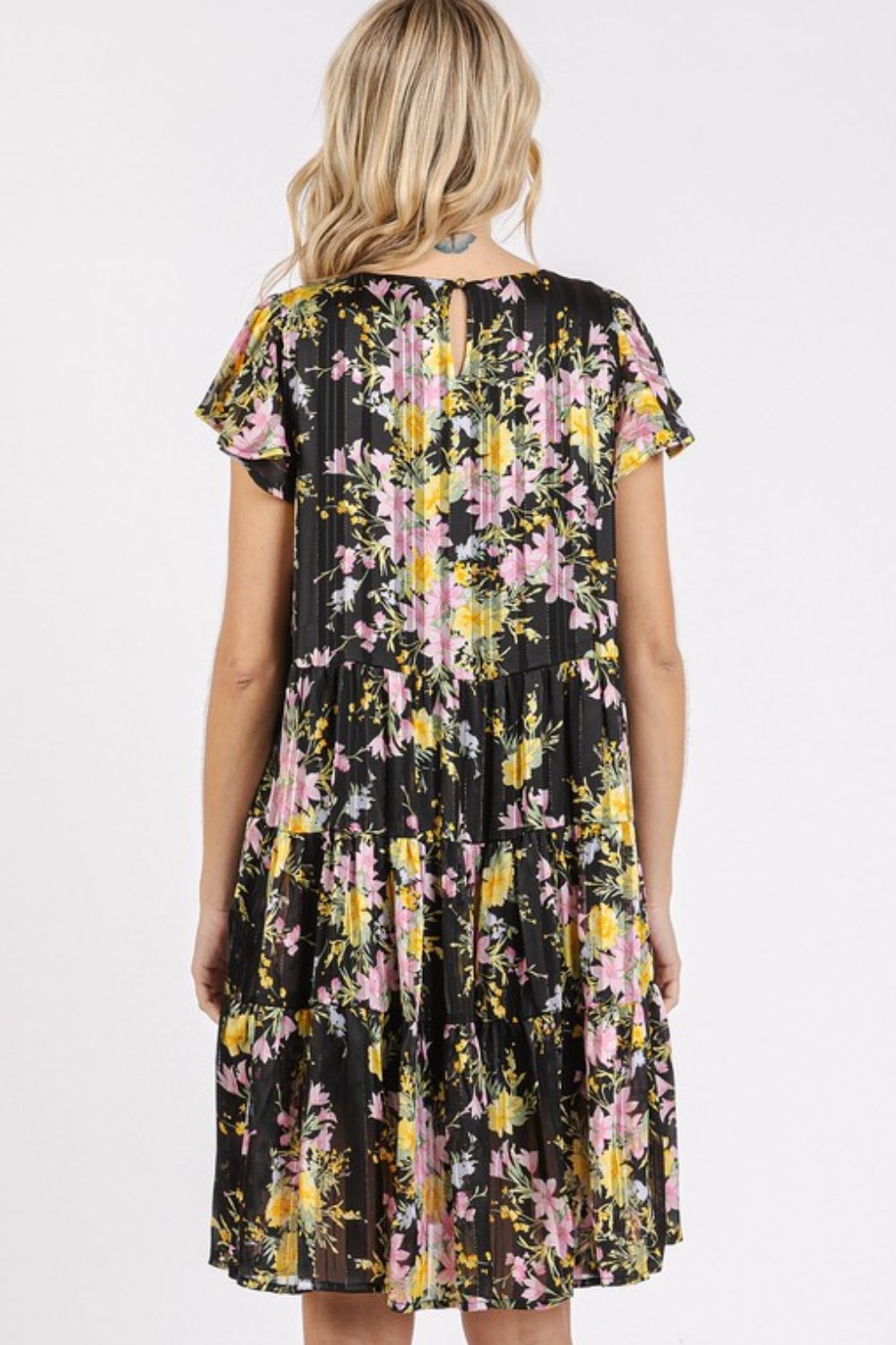 Floral Print Flutter Sleeve Tiered Chiffon Dress