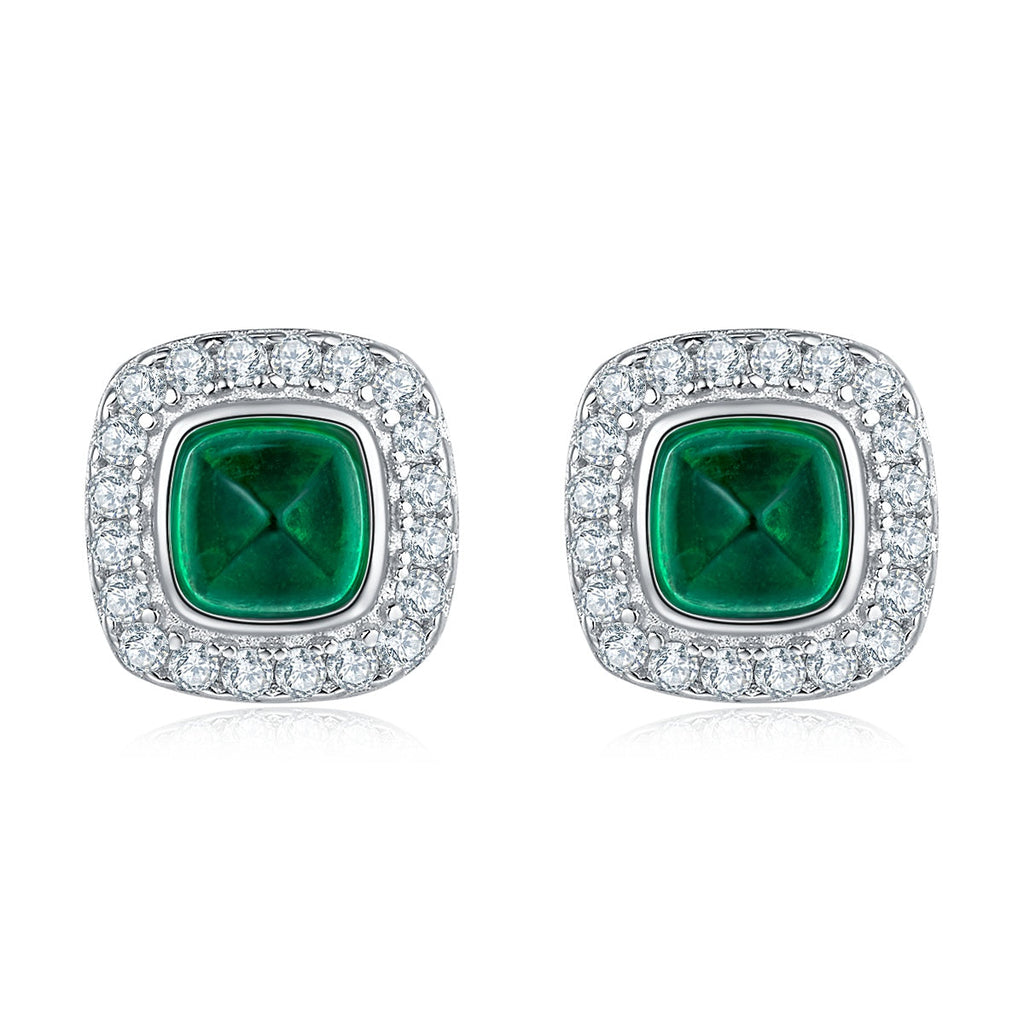 S925 Silver 1.4g Lab-Created Emerald Stud Earrings, 0.79ct 4mm Halo, 1 Pair