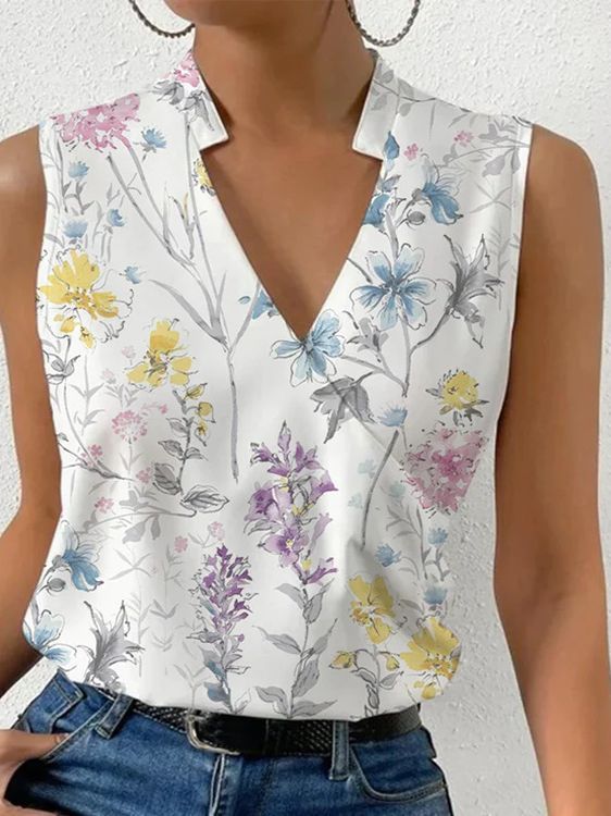 Women's Floral Digital Print Sleeveless V-Neck Summer Blouse - Image 2