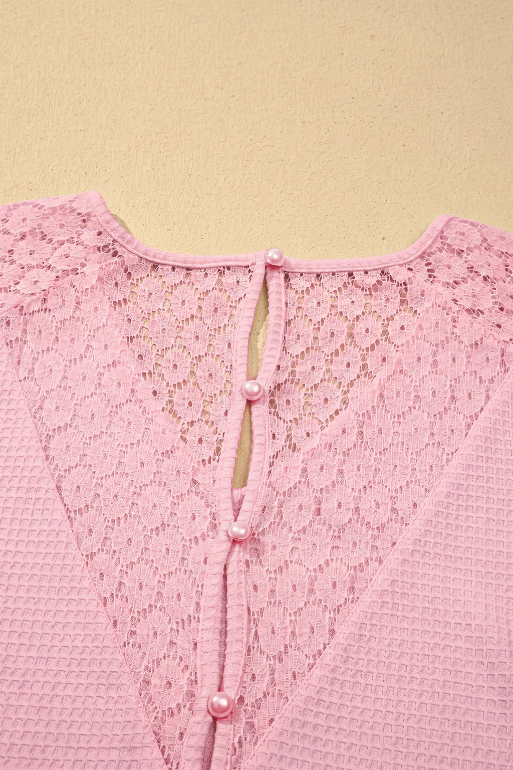 Nyomi Women’s Pink Waffle Knit V-Neck Blouse with Lace Details