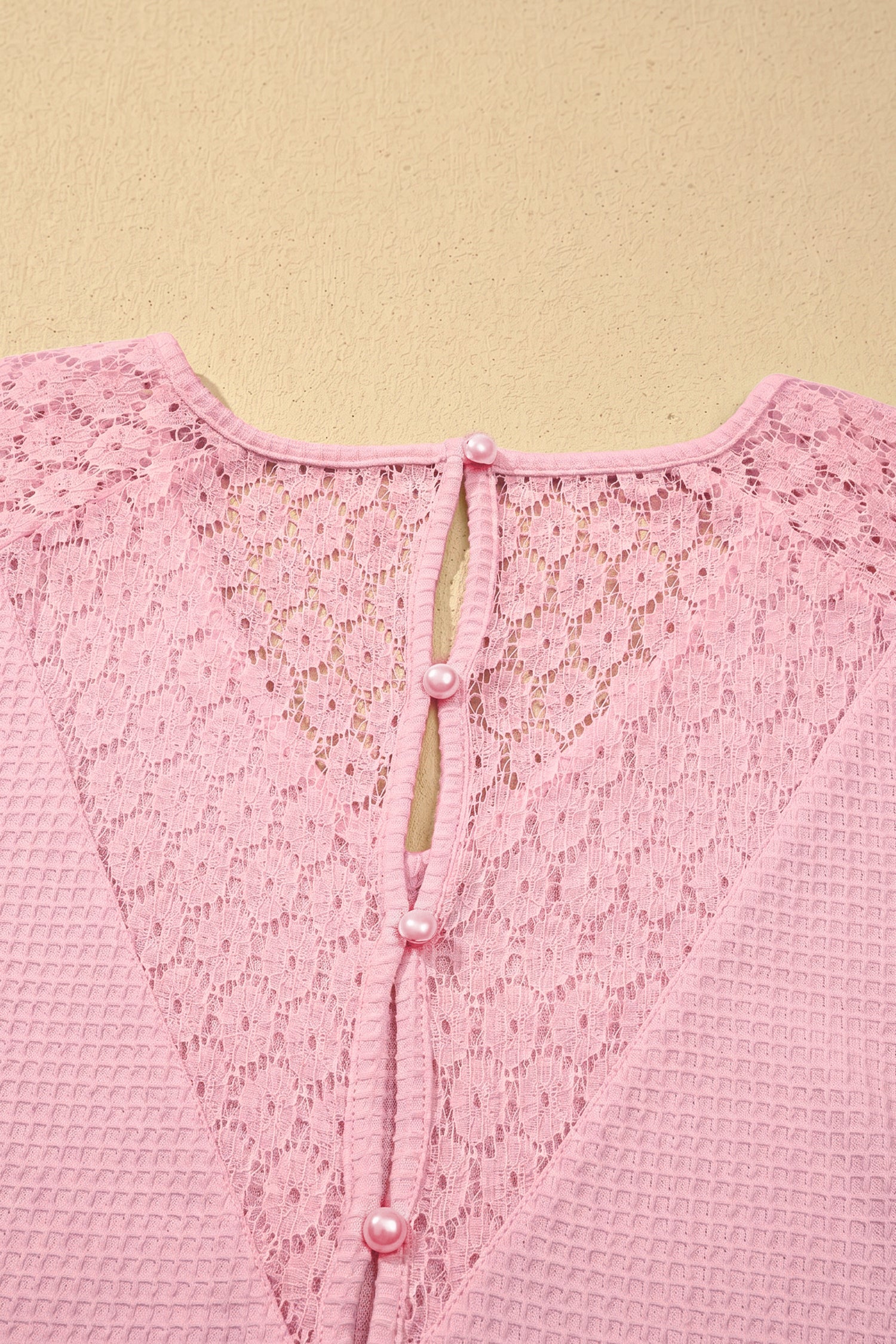 Nyomi Women’s Pink Waffle Knit V-Neck Blouse with Lace Details