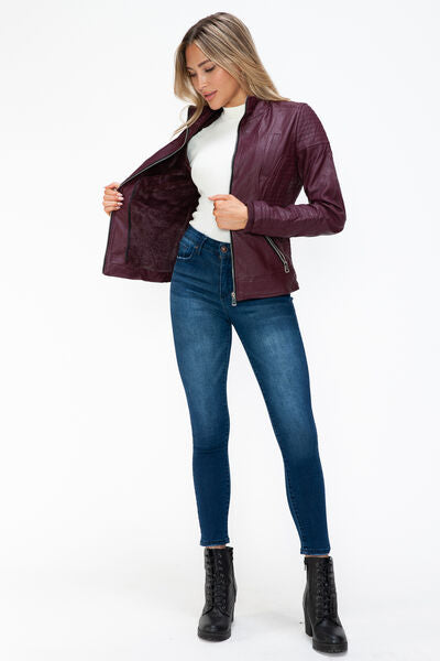Dual-Zipper Layered Jacket with Fuzzy Hood in Burgundy and Grey