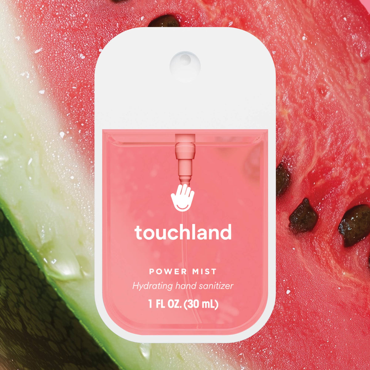 Wild Watermelon Power Mist hydrating hand sanitizer spray bottle in a flat lay style