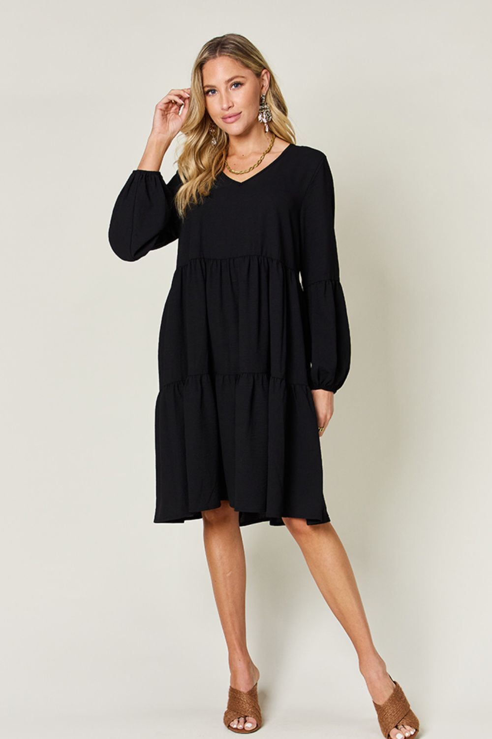 Light Green V-Neck Tiered Midi Dress with Side Pockets