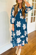 Blue Floral Print Shift Midi Dress - V Neck 3/4 Sleeve