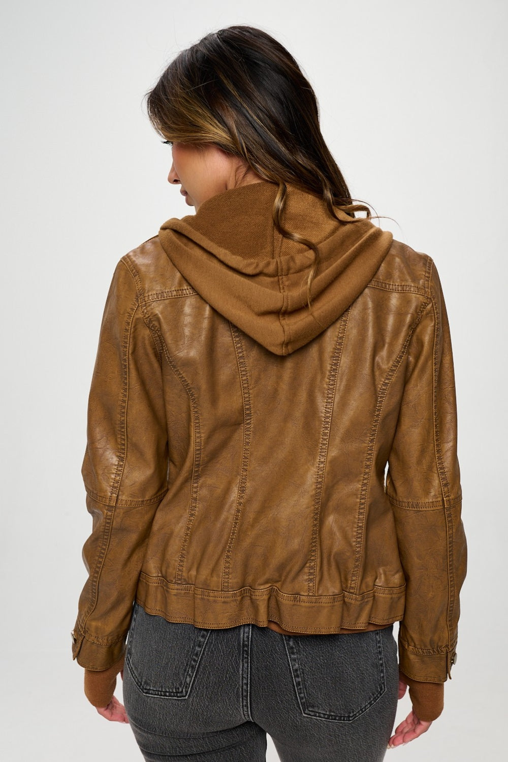 Women's Vegan Leather Double Zip Hooded Jacket Urban Outerwear