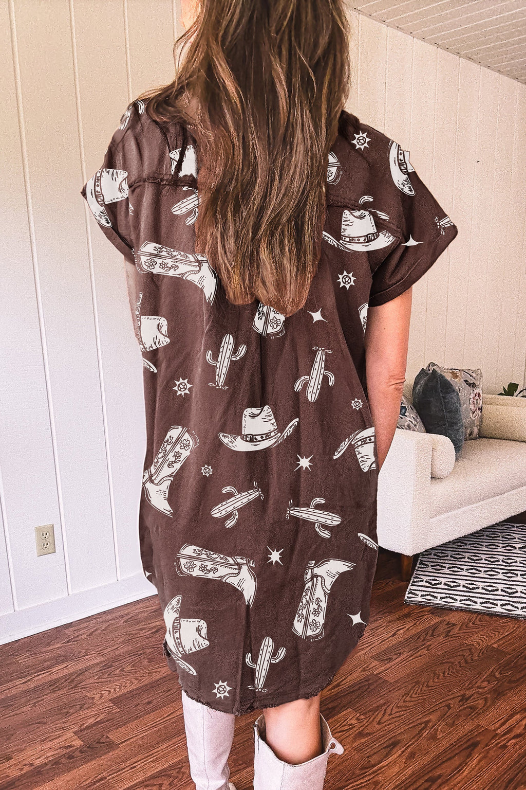 Western Cowgirl Cactus Raw Edge Denim Dress