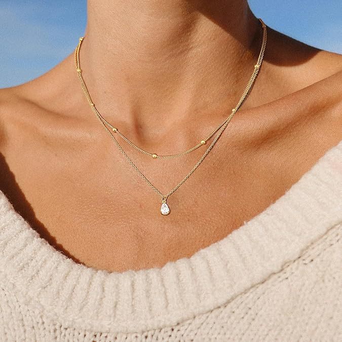 Cross-Border European And American Popular Style Minimalist Color-Preserving Three-Layer Imitation Pearl Teardrop-Shaped Crystal Pendant Layered Necklace Clavicle Chain
