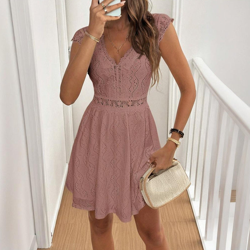 Women’s V‑Neck Short‑Sleeve Lace Trim Mini Dress - Image 6
