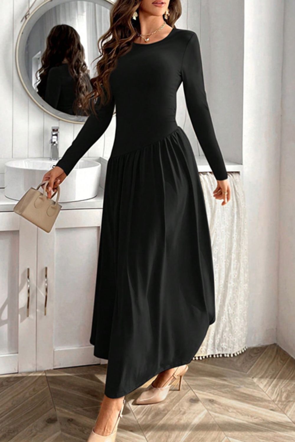 Black Ruched Round Neck Long Sleeve Dress for Women