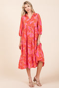 Summer tiered midi dress with a collared neck and feminine print detailing.