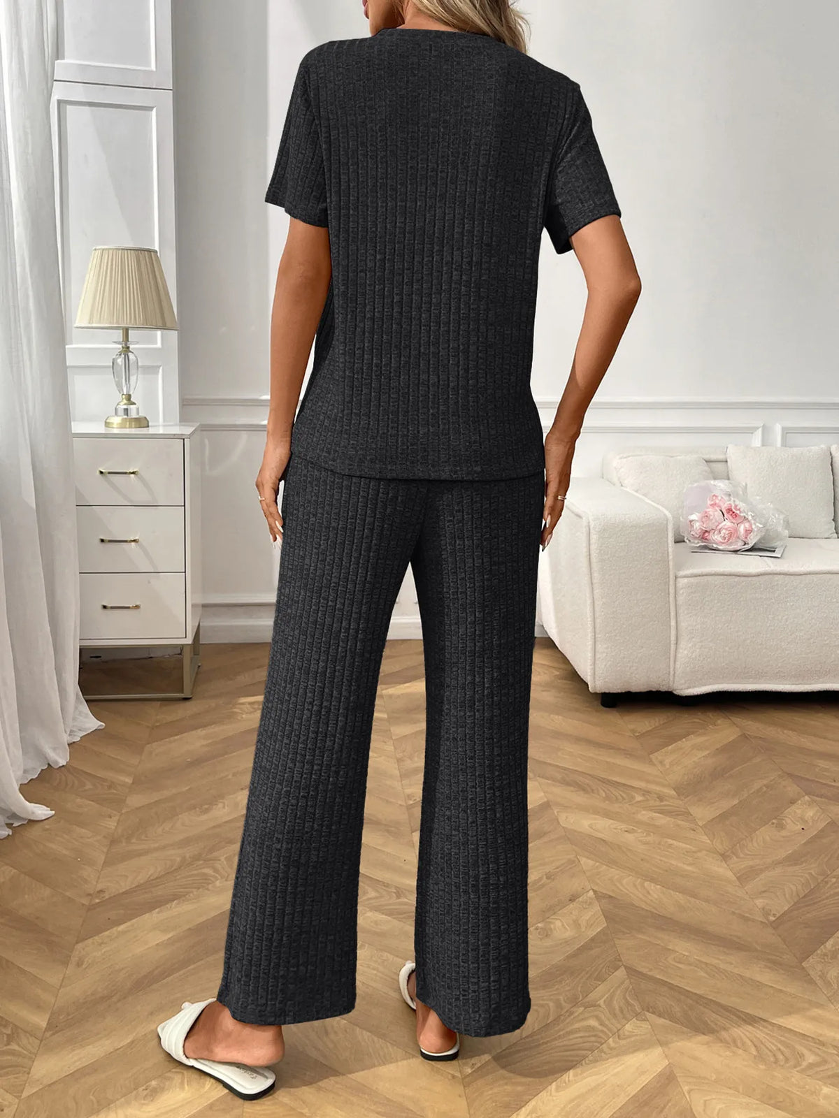 Ribbed Knit Short Sleeve Top and Pants Lounge Set