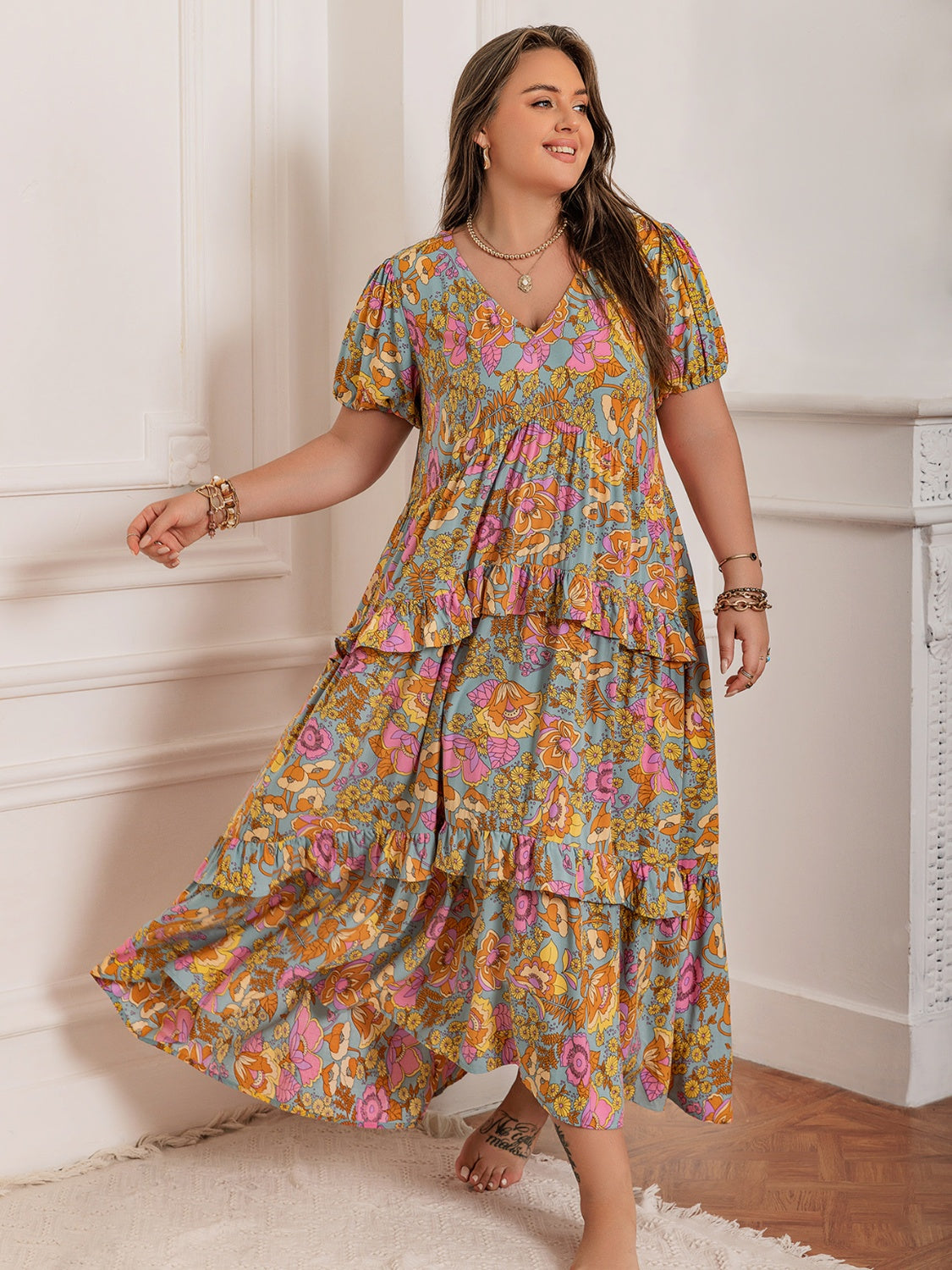 Floral V-Neck Maxi Dress - Flowy Ruffled Short Sleeve Summer Dress