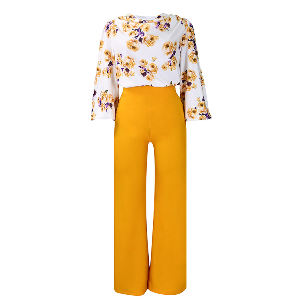 Printed Floral Blouse and Wide-Leg Pants Set
