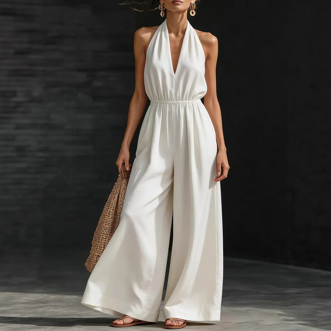 Women’s V-Neck Halter Neck Wide-Leg Sleeveless Jumpsuit