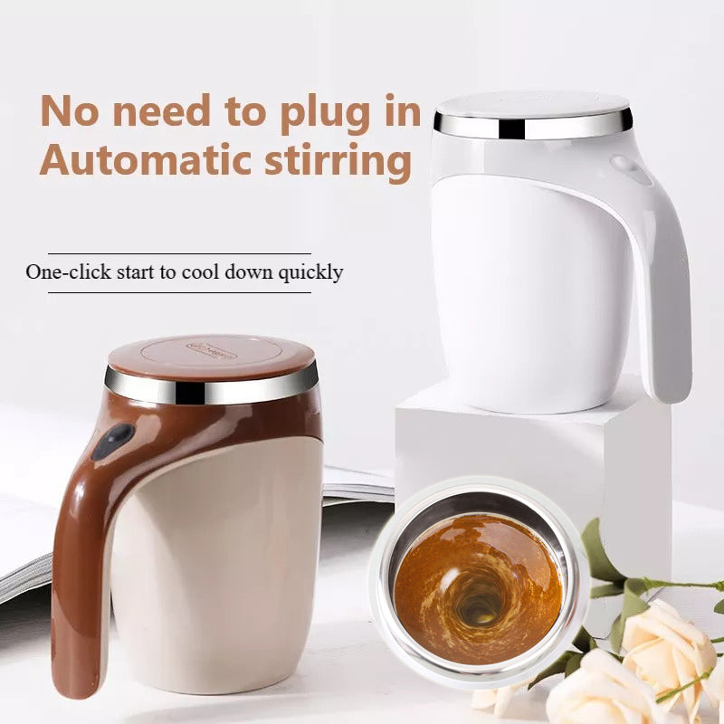 A sleek, rechargeable automatic self-stirring coffee mug sitting on a modern office desk.