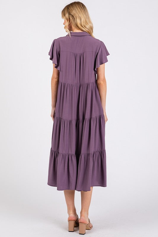 Ruffle Sleeve Collared V Neck Tiered Midi Dress