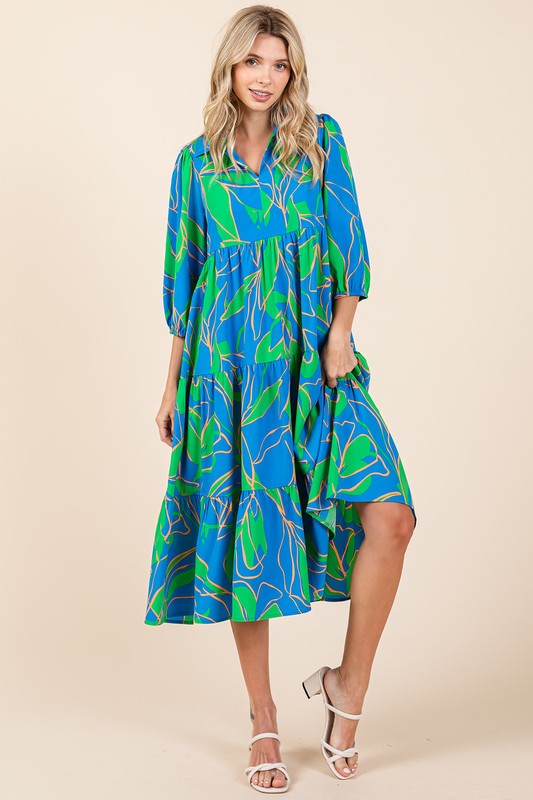 Tiered Printed Midi Dress with Collared Neck in Blue and Green