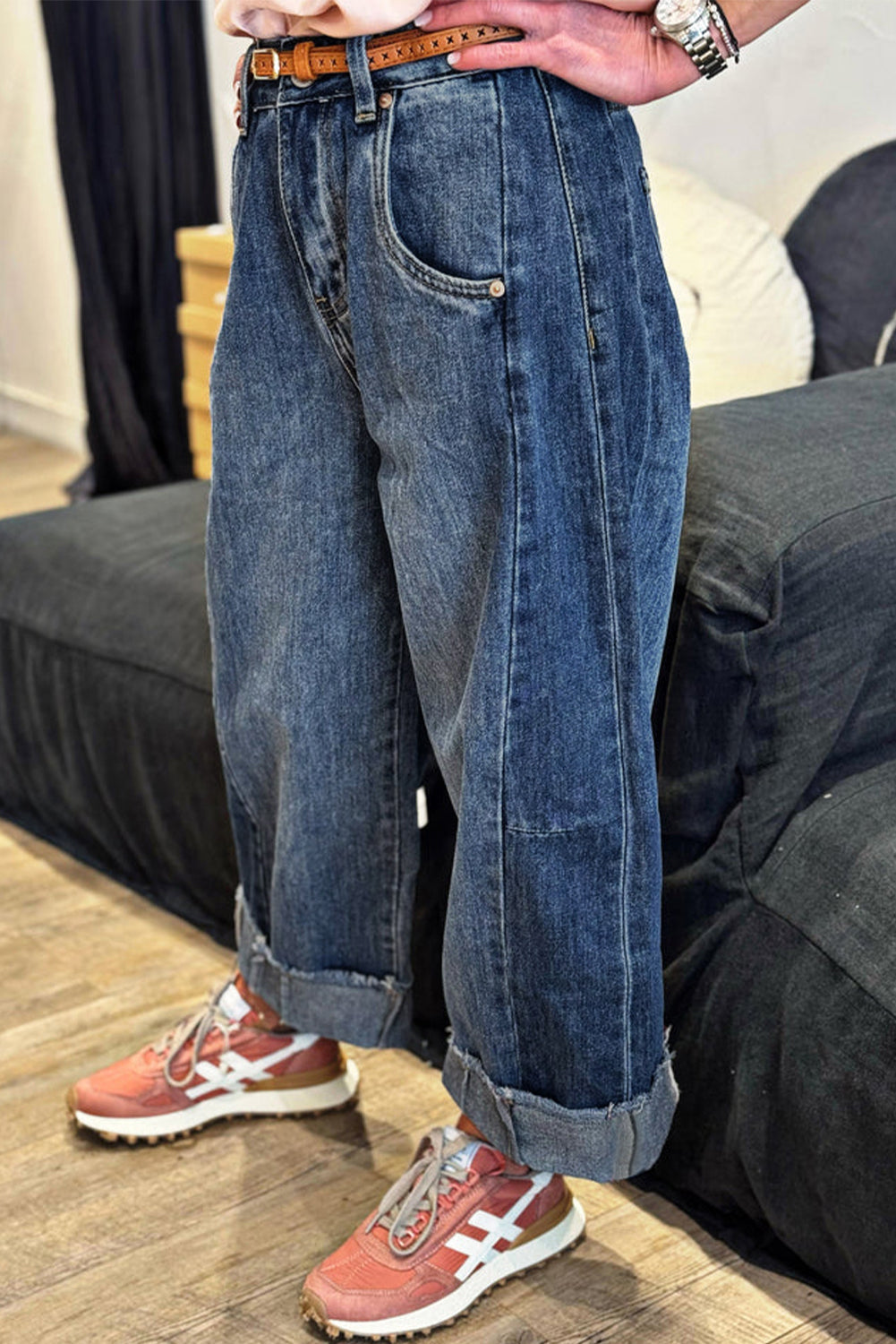 Ashleigh Blue Stitched Raw Hem Wide Leg Jeans